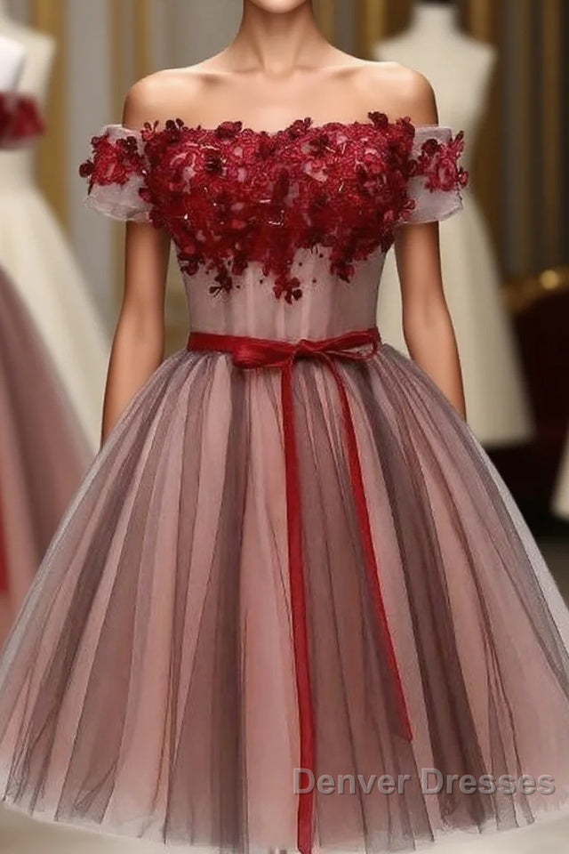 Beautiful Off Shoulder Tulle Knee Length Party Dress , Red Homecoming Dress With Applique Main image