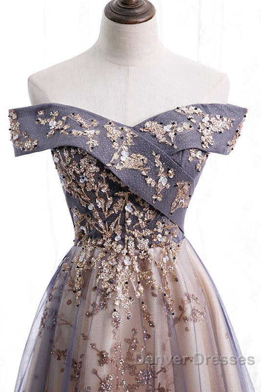 Beautiful Off Shoulder Tulle With Lace Long Evening Gown, Floor Length Prom Dress