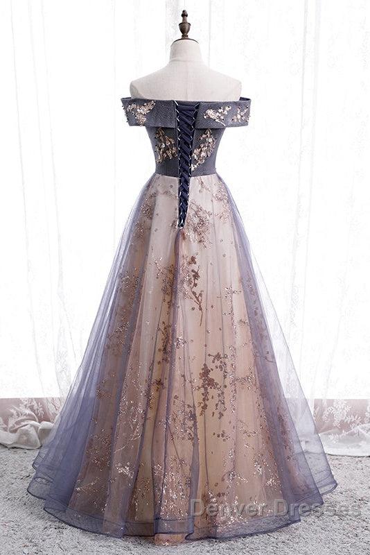 Beautiful Off Shoulder Tulle With Lace Long Evening Gown, Floor Length Prom Dress