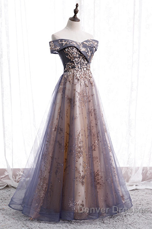 Beautiful Off Shoulder Tulle With Lace Long Evening Gown, Floor Length Prom Dress