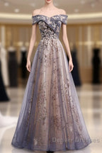 Beautiful Off Shoulder Tulle With Lace Long Evening Gown, Floor Length Prom Dress