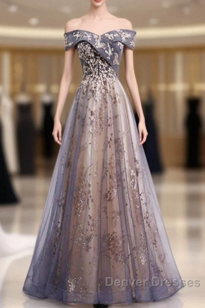 Beautiful Off Shoulder Tulle With Lace Long Evening Gown, Floor Length Prom Dress