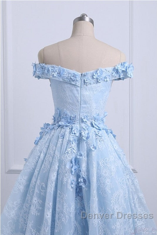 Beautiful Off The Shoulder Blue Prom Dress Lace Applique,  High Low Prom Dress Secondary image