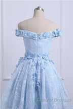 Beautiful Off The Shoulder Blue Prom Dress Lace Applique,  High Low Prom Dress