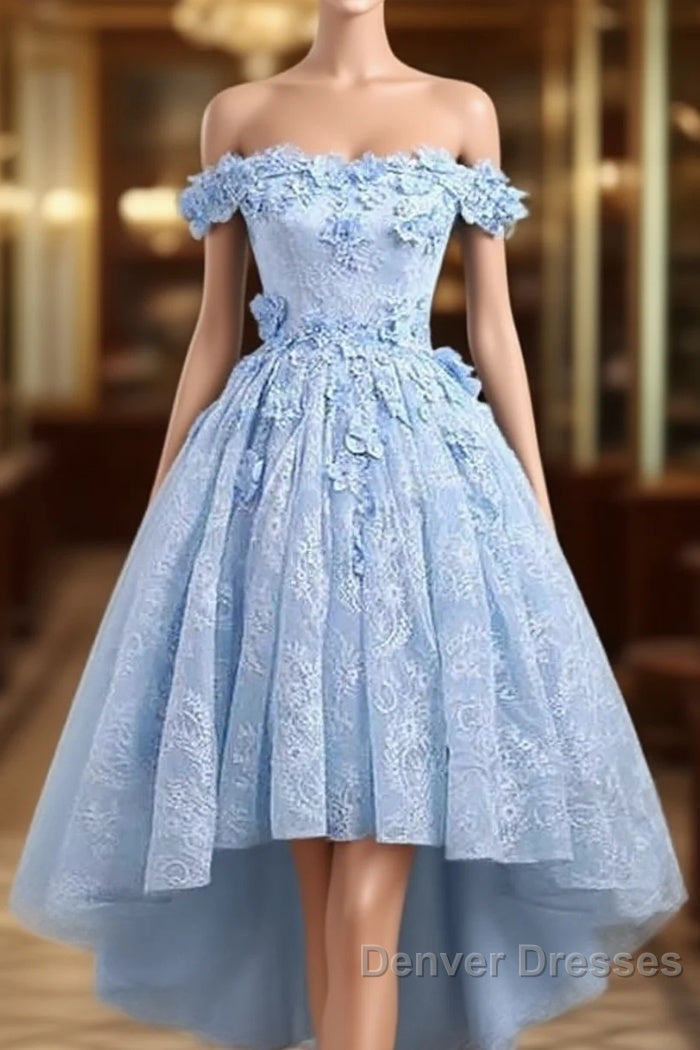 Beautiful Off The Shoulder Blue Prom Dress Lace Applique,  High Low Prom Dress