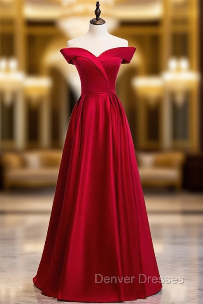 Beautiful Off The Shoulder Burgundy Satin Button Long Prom Dress Under 119