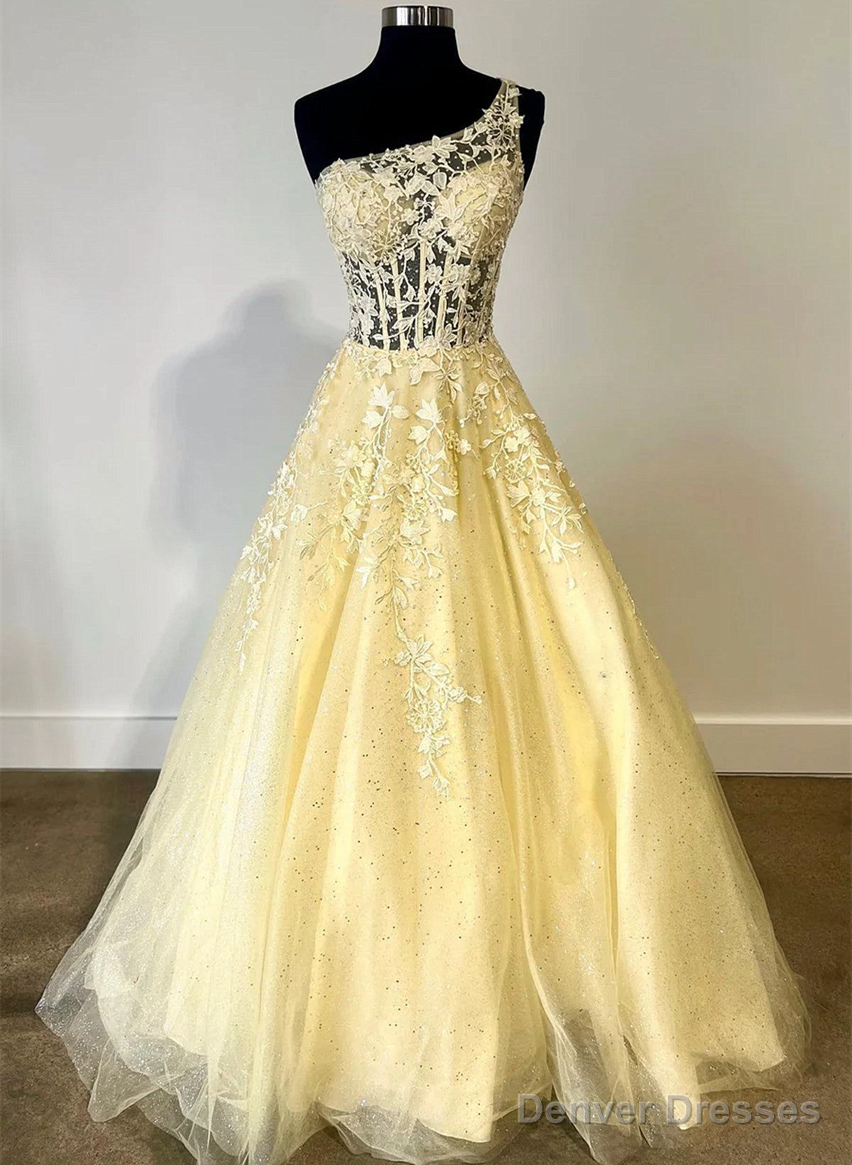 Beautiful One Shoulder Yellow Tulle With Lace Party Dress, Yellow Prom Dress Main image