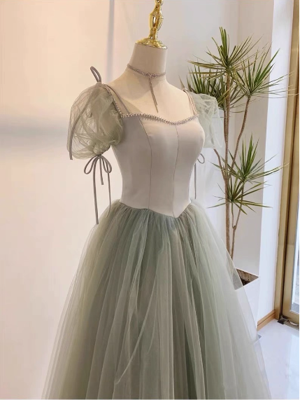 Beautiful Pea Green A-Line Square Neck Puff Sleeve Tulle Long Prom Dress Evening Dress Bridesmaid Dress Secondary image