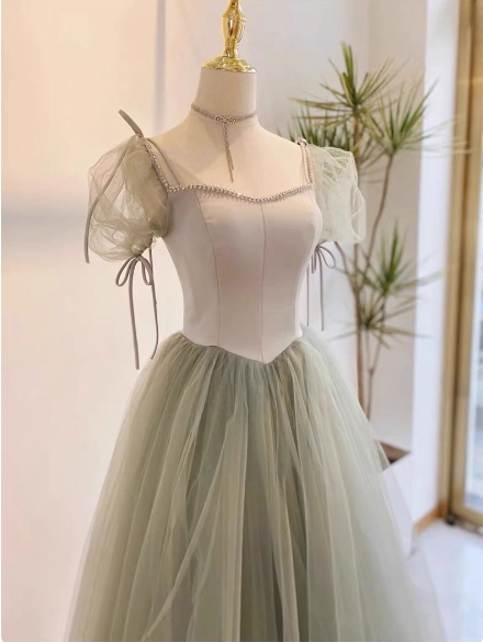 Beautiful Pea Green A-Line Square Neck Puff Sleeve Tulle Long Prom Dress Evening Dress Bridesmaid Dress