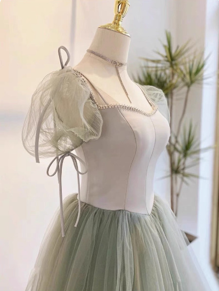 Beautiful Pea Green A-Line Square Neck Puff Sleeve Tulle Long Prom Dress Evening Dress Bridesmaid Dress