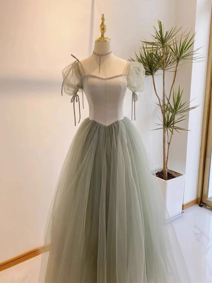 Beautiful Pea Green A-Line Square Neck Puff Sleeve Tulle Long Prom Dress Evening Dress Bridesmaid Dress Main image