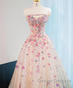 Beautiful Pink Beaded Flowers A-Line Strapless Long Prom Dress Gorgeous Formal Evening Dress