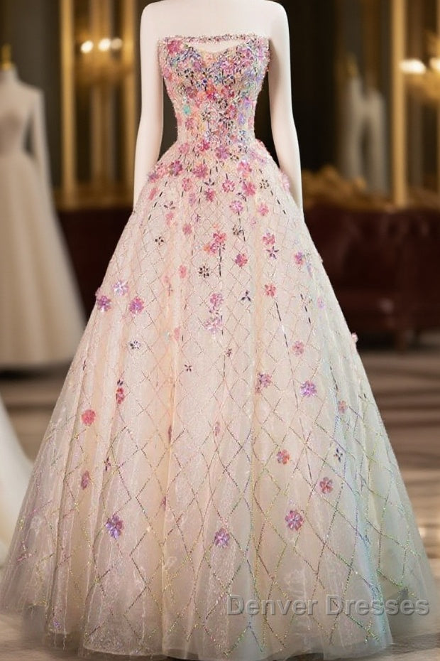 Beautiful Pink Beaded Flowers A-Line Strapless Long Prom Dress Gorgeous Formal Evening Dress