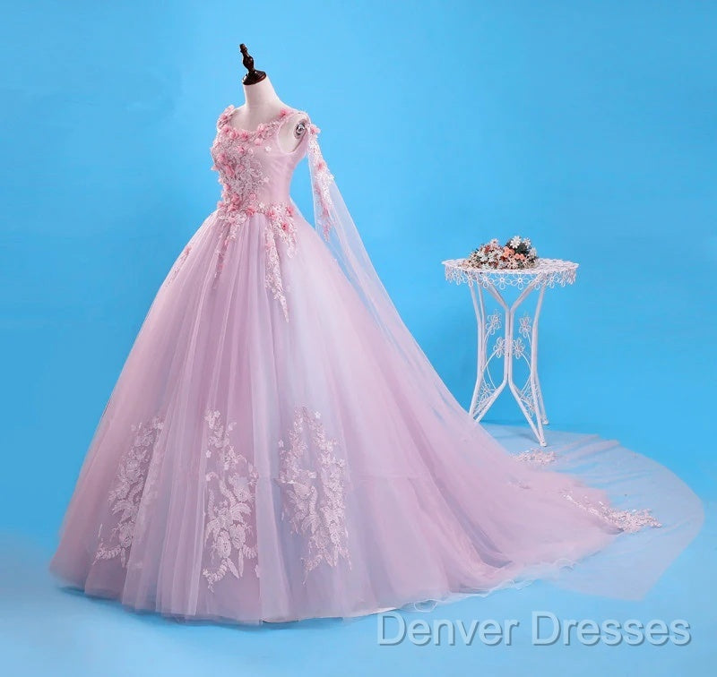 Beautiful Pink Flowers Long Formal Dress, Pink Sweet 16 Gown Party Dress