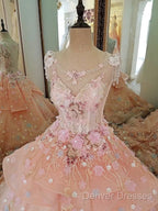 Beautiful Pink Flowers Round Neckline Sweet 16 Dress, Pink Quinceanera Dress
