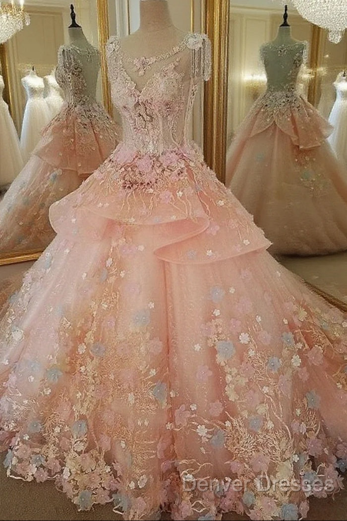 Beautiful Pink Flowers Round Neckline Sweet 16 Dress, Pink Quinceanera Dress