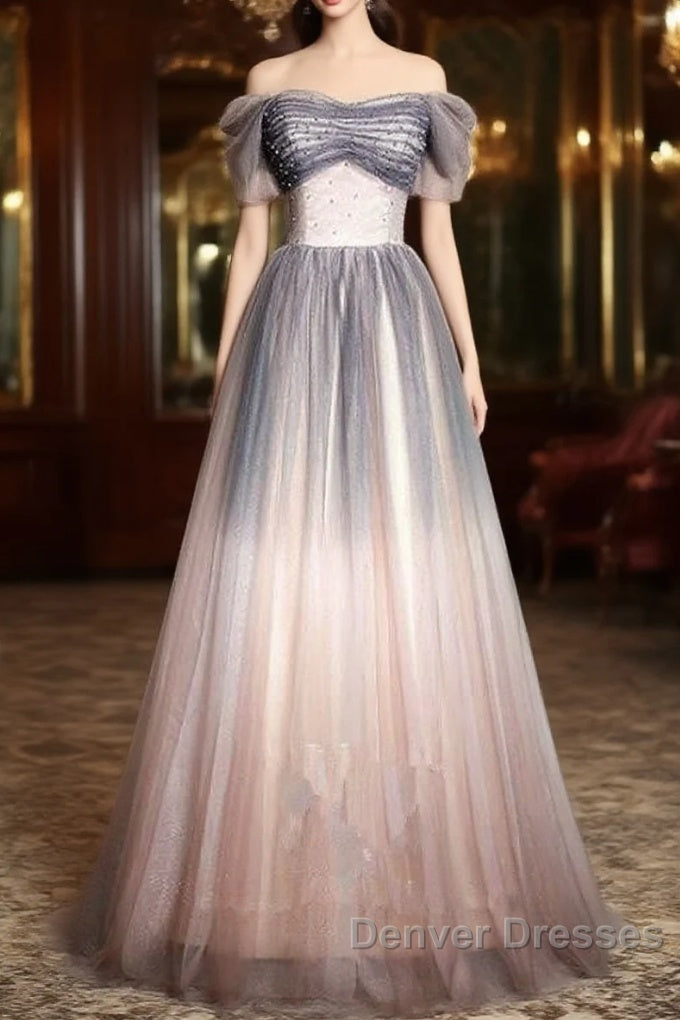 Beautiful Pink Gradient Beaded Sweetheart Long Prom Dress, Tulle Evening Dress Main image