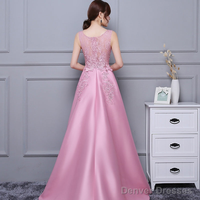 Beautiful Pink High Low Satin And Lace Homecoming Dress, Cute Short Prom Dress