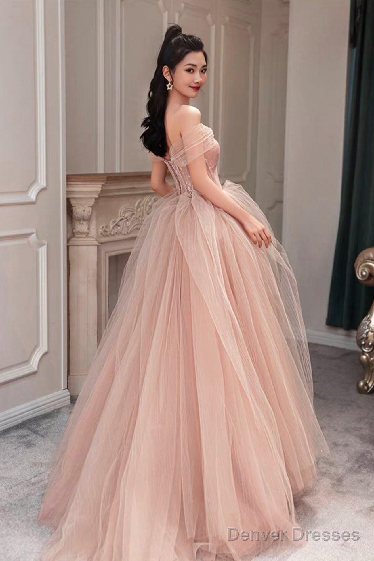 Beautiful Pink Off The Shoulder Lace Party Dresses, Pink Junior Prom Dresses