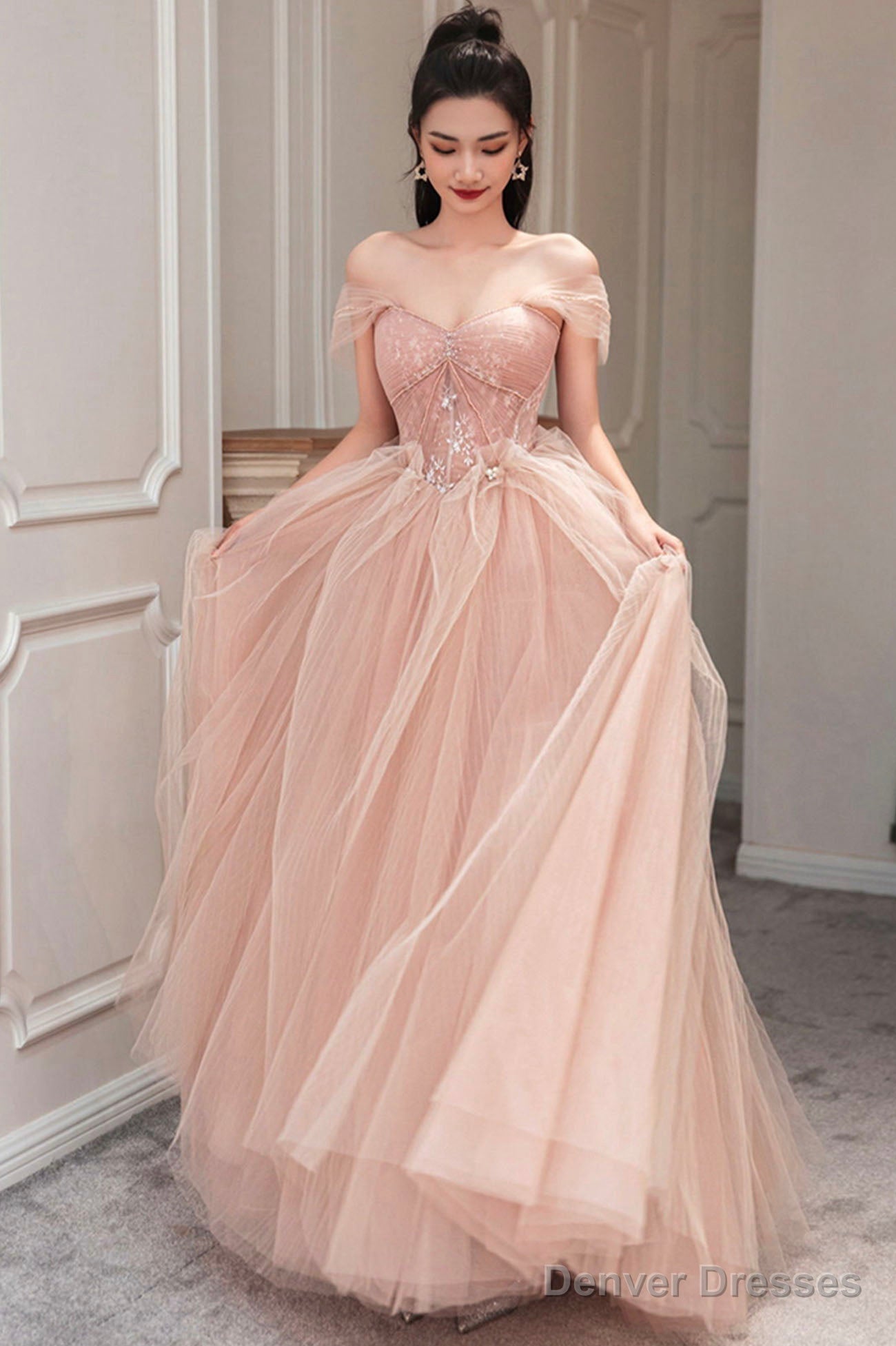 Beautiful Pink Off The Shoulder Lace Party Dresses, Pink Junior Prom Dresses Main image