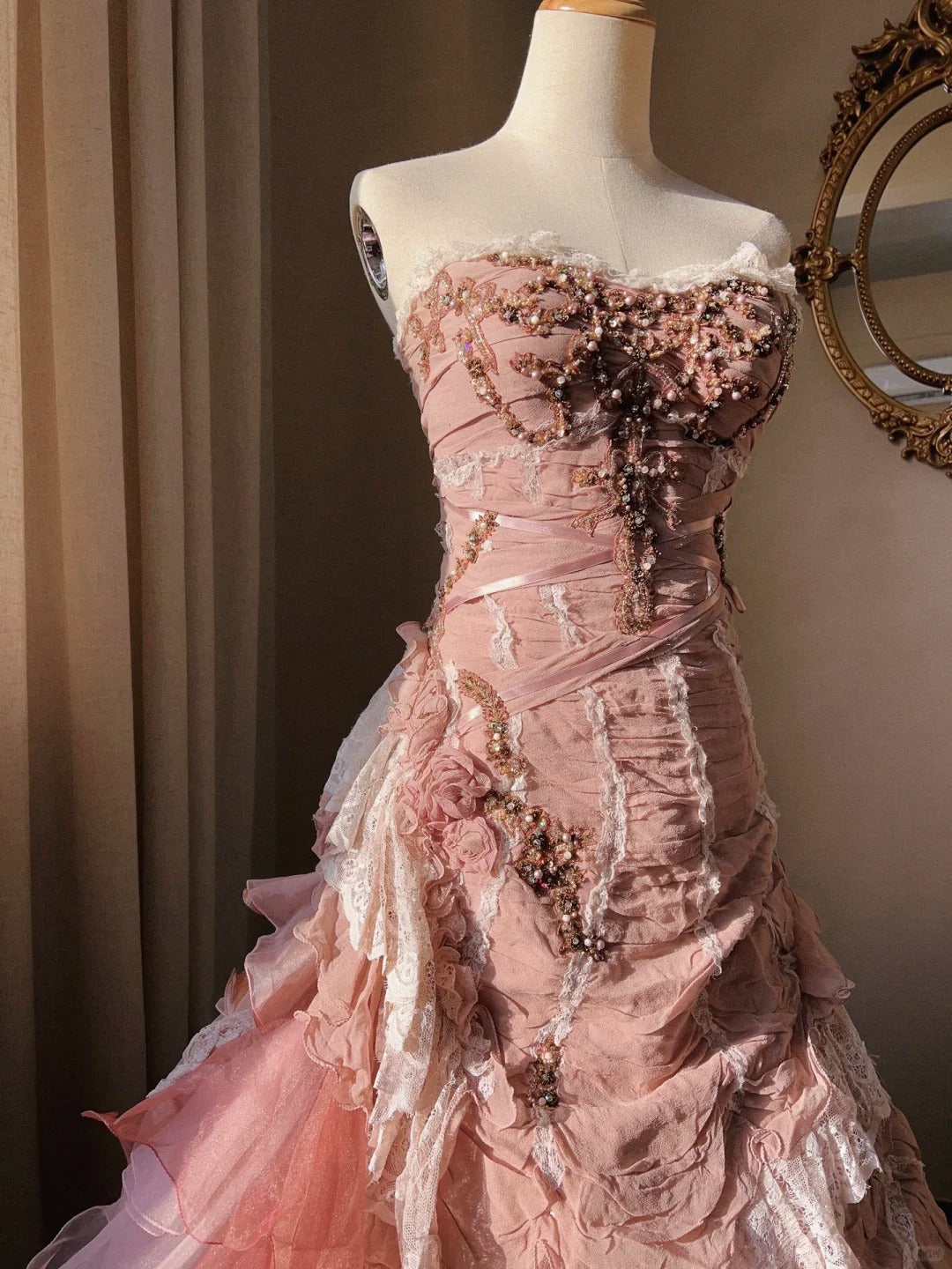 Beautiful Pink Rose Slim Skirt Pleated French Lace Mermaid Wedding Dress