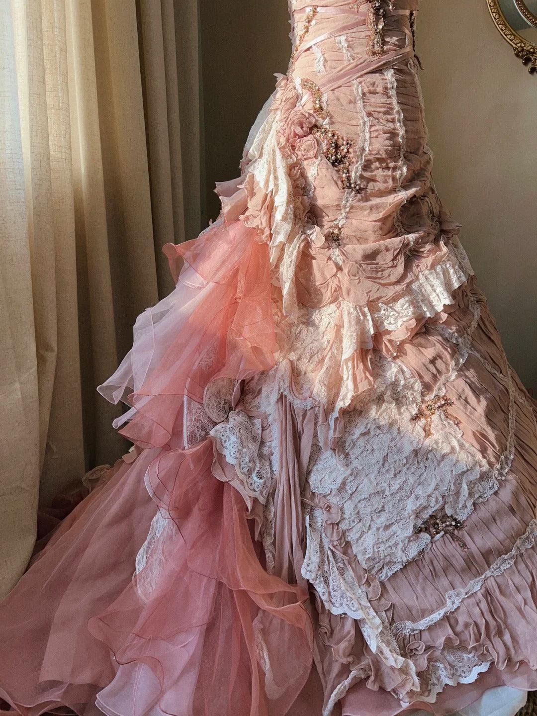 Beautiful Pink Rose Slim Skirt Pleated French Lace Mermaid Wedding Dress