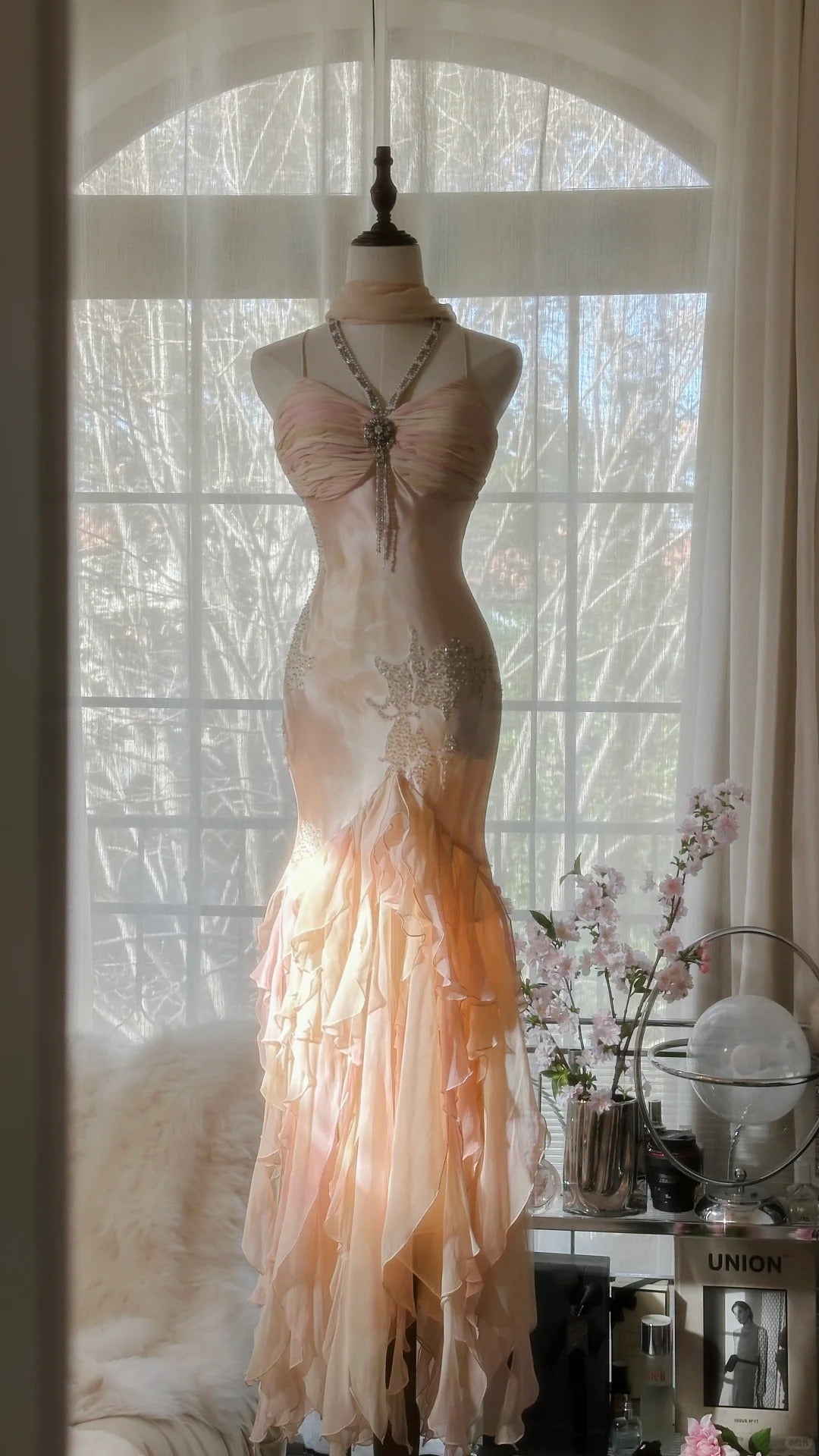 Beautiful Pink Strap Chiffon Irregular Skirt Long Prom Dress