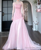 Beautiful Pink Strapless A-Line Tulle Sequined Long Ball Dress Birthday Evening Dress