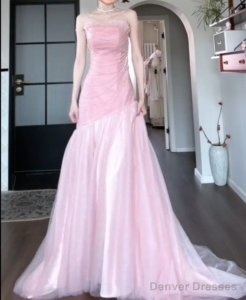 Beautiful Pink Strapless A-Line Tulle Sequined Long Ball Dress Birthday Evening Dress Main image