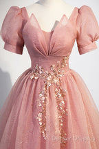 Beautiful Pink Tulle Floor Length Prom Dress, Cute Short Sleeve Evening Dress