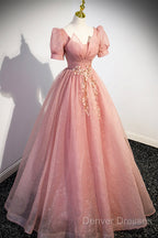 Beautiful Pink Tulle Floor Length Prom Dress, Cute Short Sleeve Evening Dress