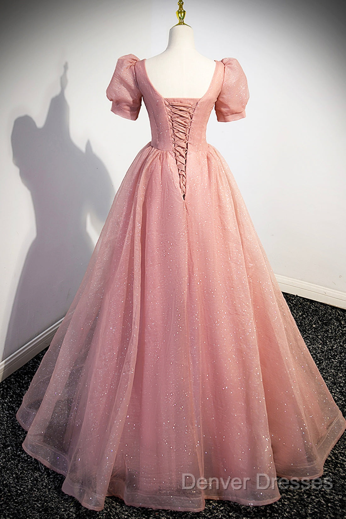 Beautiful Pink Tulle Floor Length Prom Dress, Cute Short Sleeve Evening Dress