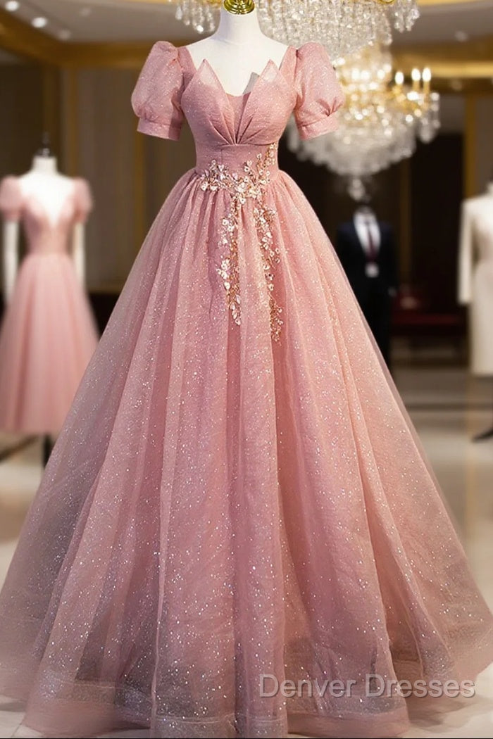 Beautiful Pink Tulle Floor Length Prom Dress, Cute Short Sleeve Evening Dress Main image