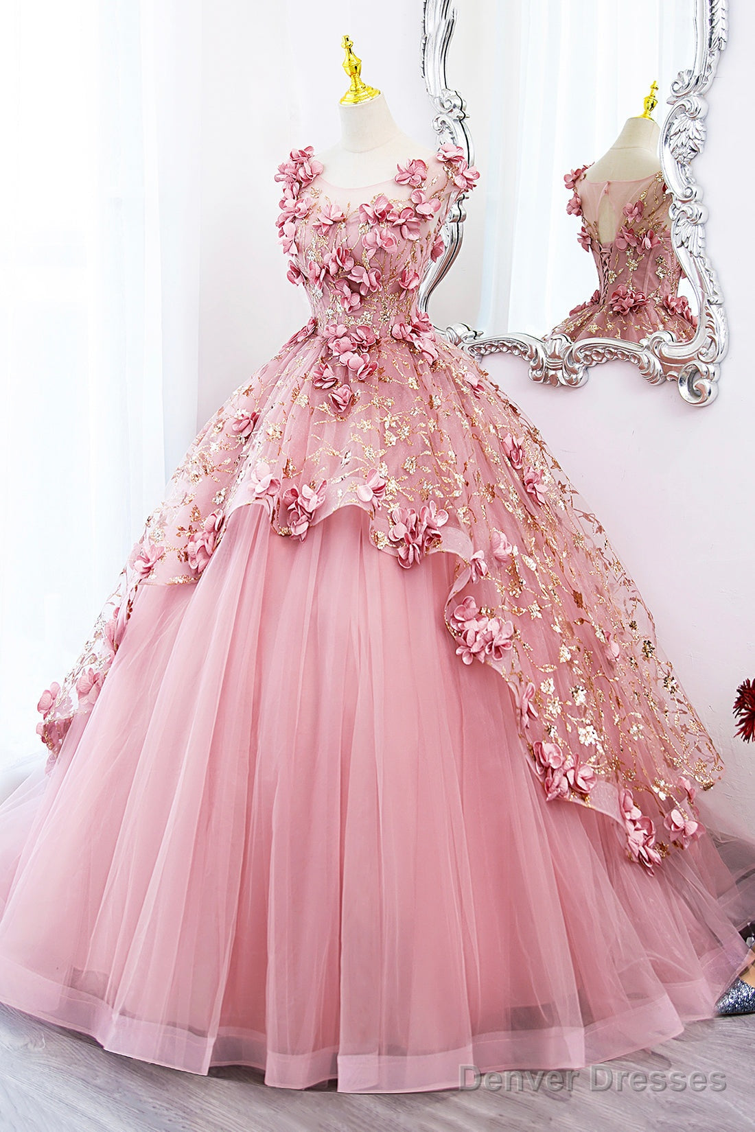 Beautiful Pink Tulle Long Prom Dress With Flowers, Lovely Tulle Sweet 16 Dress Secondary image