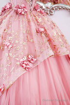 Beautiful Pink Tulle Long Prom Dress With Flowers, Lovely Tulle Sweet 16 Dress