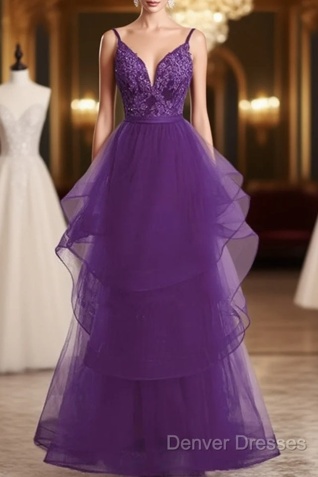 Beautiful Purple Tulle Layers With Lace Long Evening Dress, Purple Prom Dress Party Dress