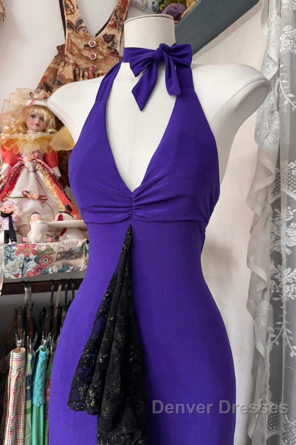 Beautiful Purple V-Neck Lace Mermaid Long Prom Dress Backless Birthday Party Dress
