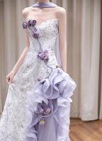 Beautiful Purple-White Gradient Strapless 3D Floral Tulle Satin Long Prom Dress Evening Dress