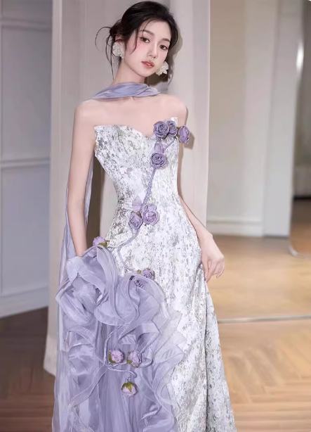 Beautiful Purple-White Gradient Strapless 3D Floral Tulle Satin Long Prom Dress Evening Dress