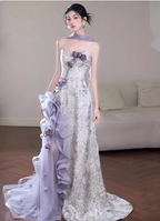 Beautiful Purple-White Gradient Strapless 3D Floral Tulle Satin Long Prom Dress Evening Dress