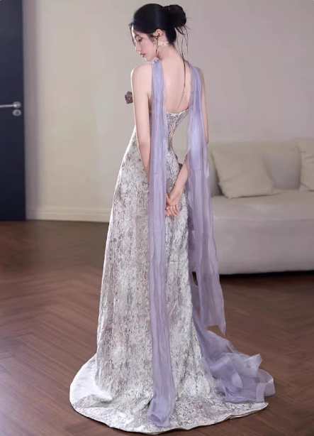 Beautiful Purple-White Gradient Strapless 3D Floral Tulle Satin Long Prom Dress Evening Dress