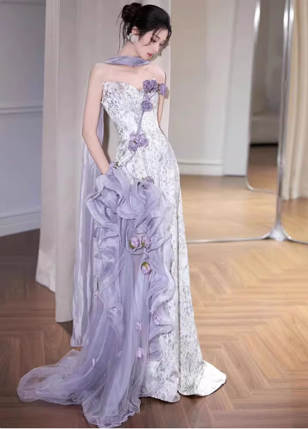 Beautiful Purple-White Gradient Strapless 3D Floral Tulle Satin Long Prom Dress Evening Dress Main image