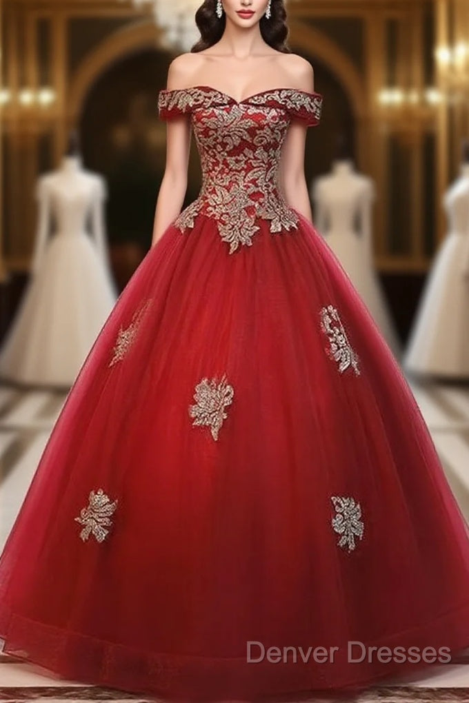 Beautiful Red Off Shoulder Long Sweet 16 Dress With Gold Lace Top, Party Dress Main image