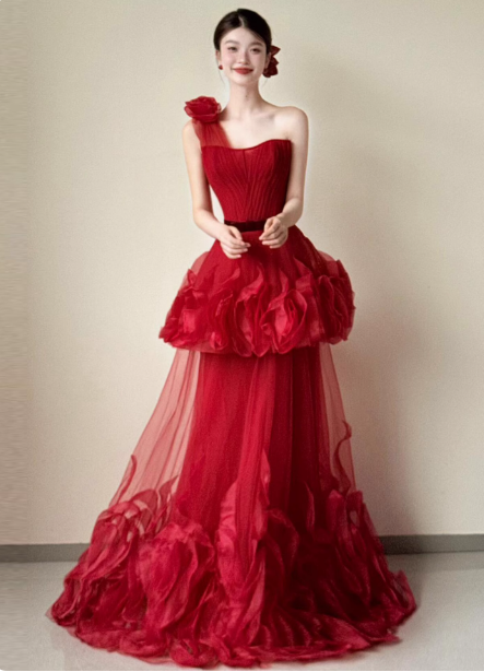 Beautiful Red One-Shoulder Strapless 3D Floral Layered Tiered Tulle Long Prom Dress Evening Dress Secondary image