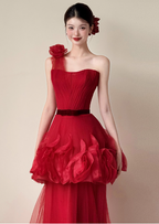 Beautiful Red One-Shoulder Strapless 3D Floral Layered Tiered Tulle Long Prom Dress Evening Dress