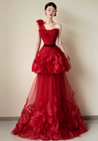 Beautiful Red One-Shoulder Strapless 3D Floral Layered Tiered Tulle Long Prom Dress Evening Dress