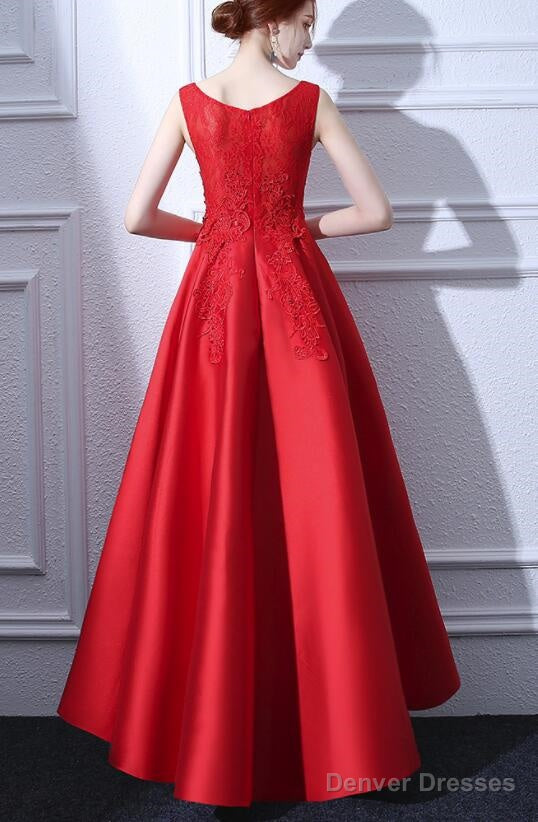 Beautiful Red Satin And Lace High Low Round Neckline Party Dress, Red Party Dress, Red Homecoming Dresses Secondary image