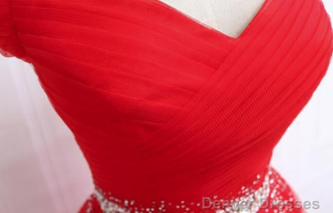 Beautiful Red Tulle Off Shoulder Long Formal Gown , Red Sweet 16 Dresses Secondary image
