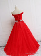 Beautiful Red Tulle Off Shoulder Long Formal Gown , Red Sweet 16 Dresses