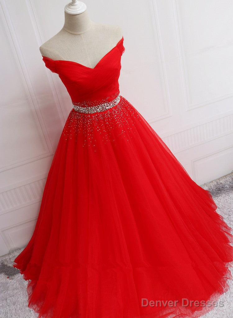 Beautiful Red Tulle Off Shoulder Long Formal Gown , Red Sweet 16 Dresses Main image